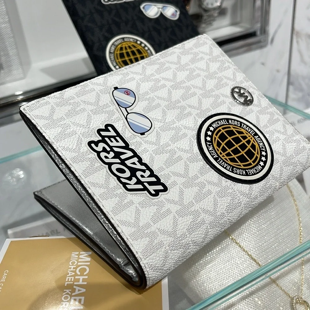 Michael Kors Jet Set Travel Md Embellished Signature Logo Passport Case Optic Wh